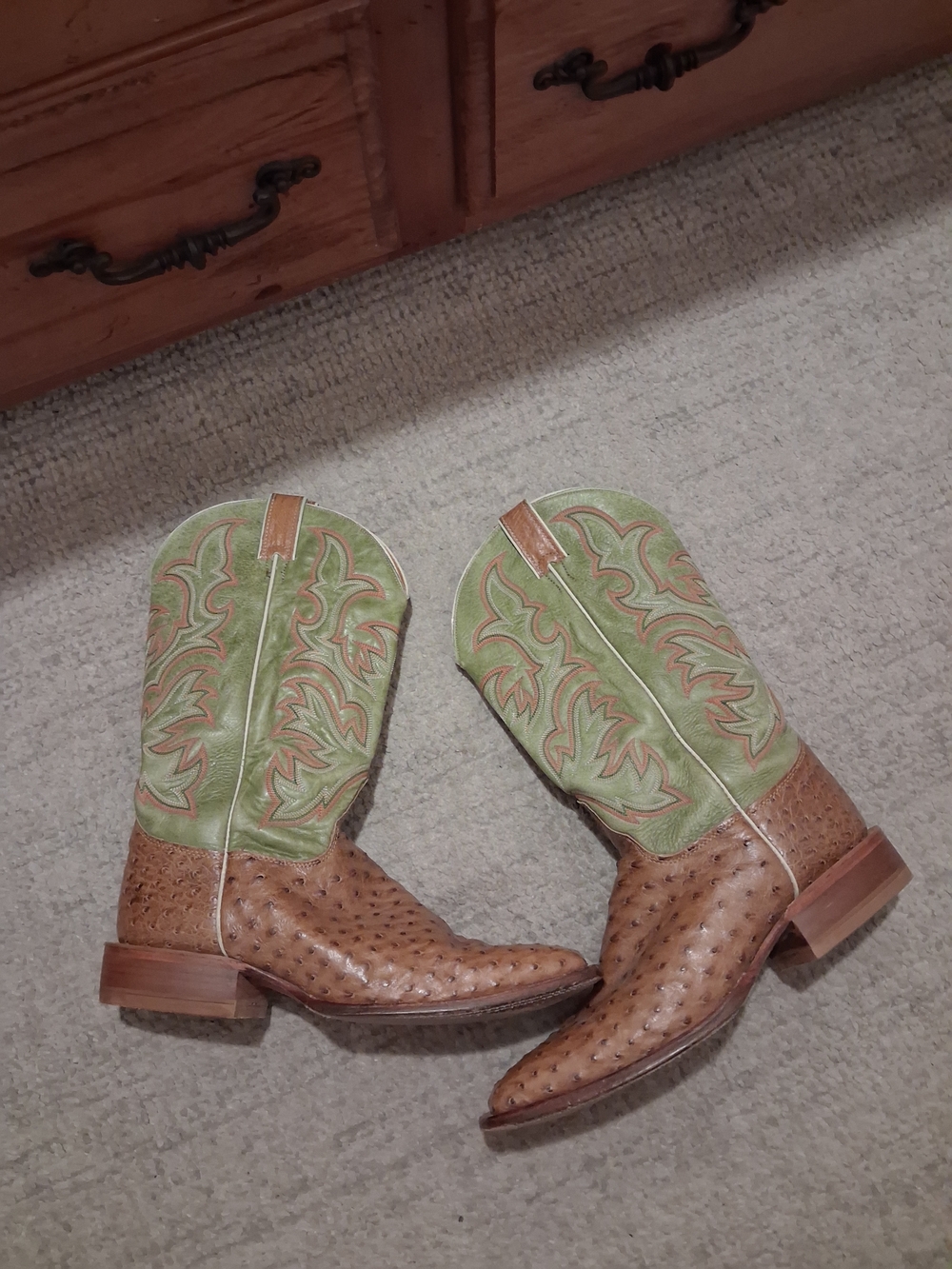 Justin Boots Brown Ostrich Foot with Green Embroidered Shaft Western Boots